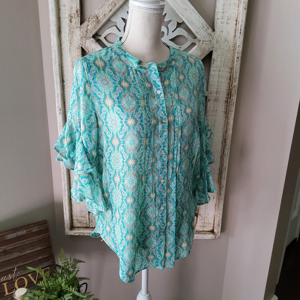 Ruby Rd Ikat Ruffle Sleeve Blouse Small Boho Retro Lightweight Top - Picture 3 of 12
